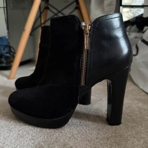 Dune London Black High Heel Boots with Gold Zipper